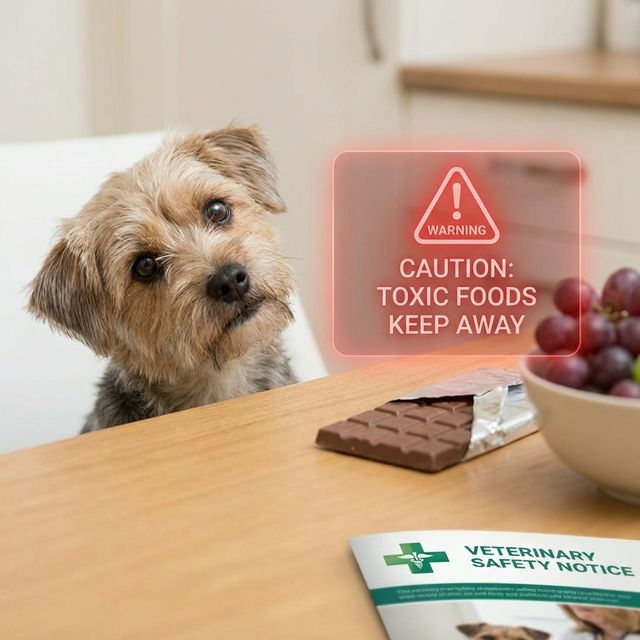 Perro mirando con atención, precaución sobre alimentos peligrosos