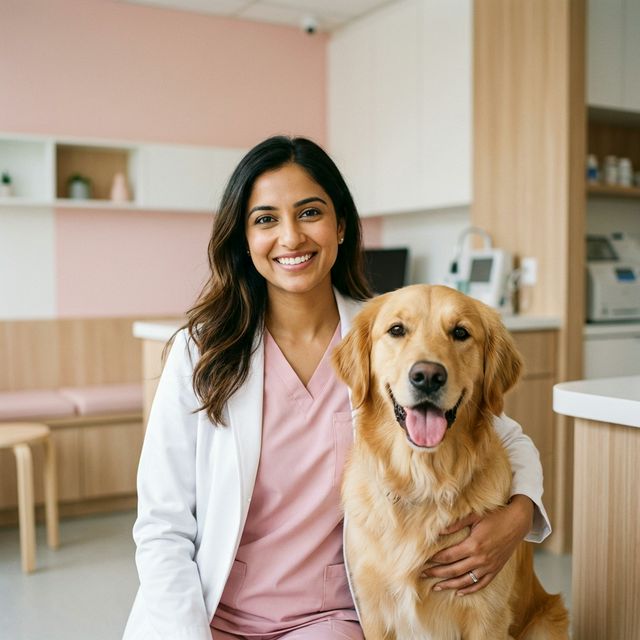 Veterinaria profesional cuidando a una mascota feliz en las instalaciones de VetPitiPet Panamá